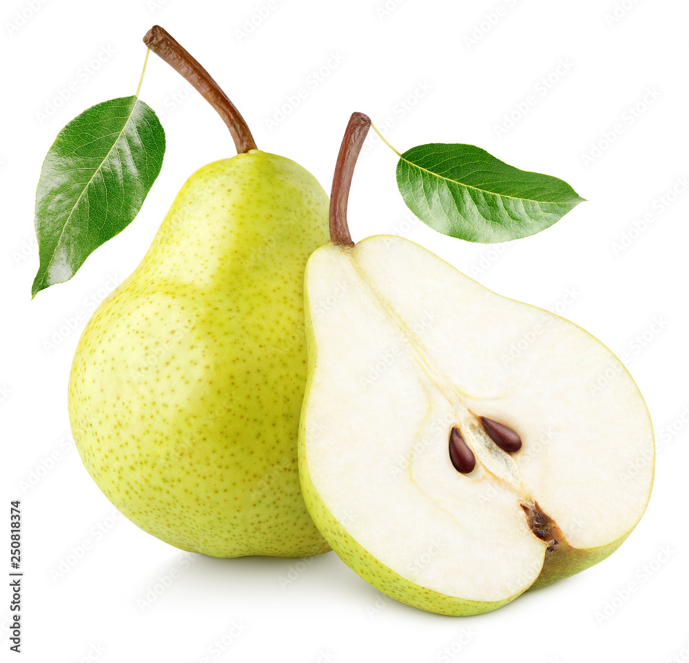 Wall mural green yellow pear fruit with pear half and green leaves isolated on white background with clipping p - Wall murals