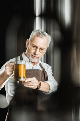 professional brewer examining beer in glass in brewery