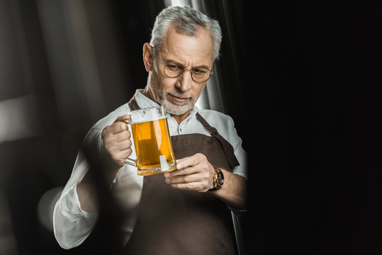 professional brewer looking at glass of beer in brewery
