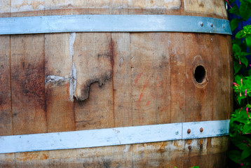 old wodden barrel in the alley of the grassy palm bay in Sissi on the mediterranean island Crete in Greece