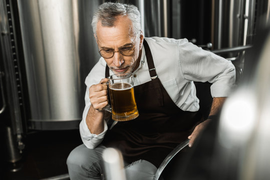 senior brewer in apron sitting on chair and testing beer in brewery
