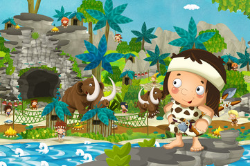 cartoon cavemen village scene with mammoth and volcanoes near the river in the background - illustration for children