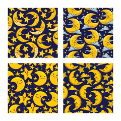 Cartoon moon seamless pattern vector moonlight star character in night sky illustration background childish yellow moony cloud backdrop moonlit banner