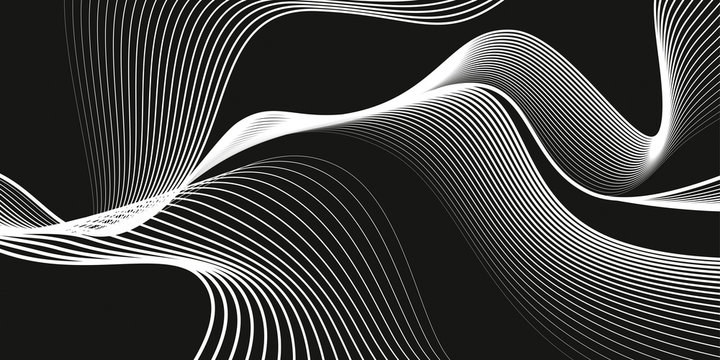 Waves of white lines. Monochrome background, black backdrop, abstract dark wallpaper, vector design 