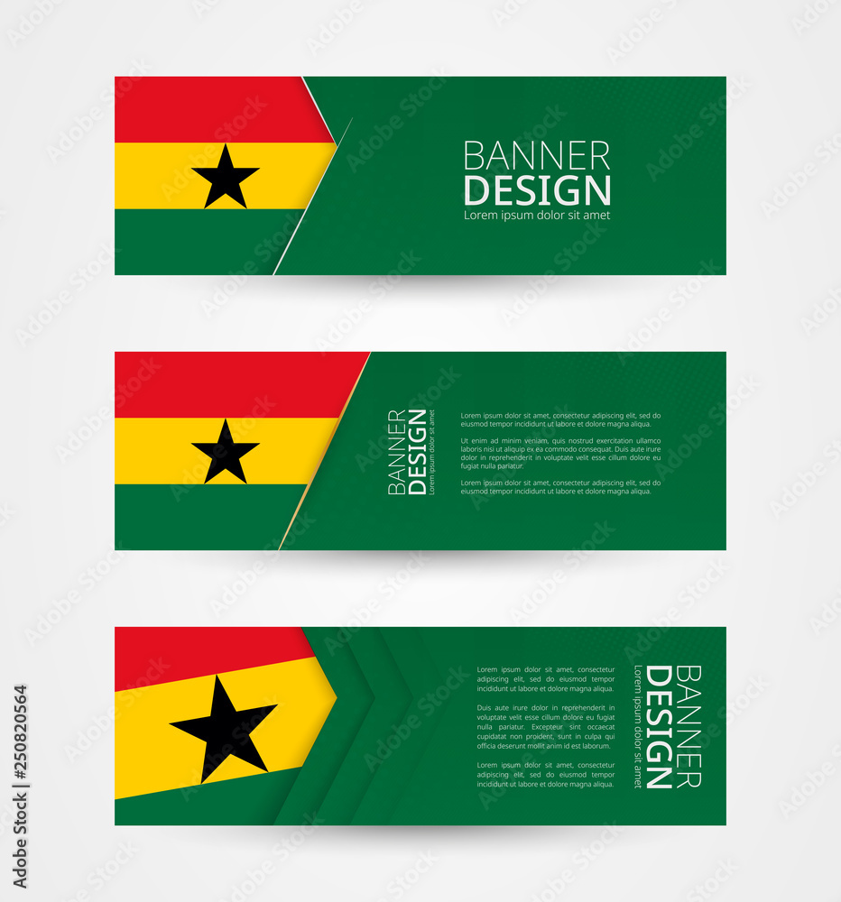 Wall mural Set of three horizontal banners with flag of Ghana. Web banner design template in color of Ghana flag.
