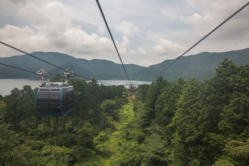 Hakone Ropeway cable car travelling to Owakudani valley at Hakone, Japan.