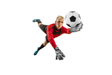Plakat Male soccer player goalkeeper catching ball in jump. Silhouette of fit man with ball isolated on white studio background