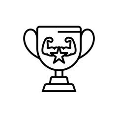 bodybuilder trophy icon with double hand muscle and star symbol for bodybuilding competition illustration. simple monoline vector graphic.
