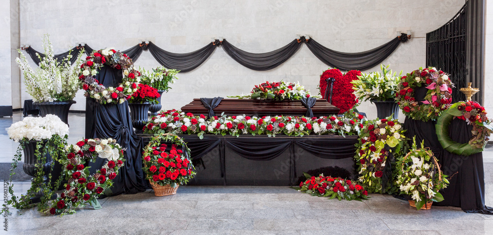 Wall mural funeral, coffin, decorated with wreaths, in the farewell hall, panorama. sadness, eternal memory.