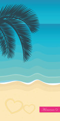 Fototapeta na wymiar honeymoon on a tropical beach with palm tree leaf and turquoise water vector illustration EPS10