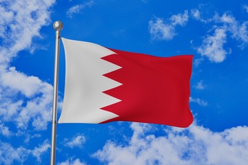 Bahrain national flag waving isolated in the blue cloudy sky
