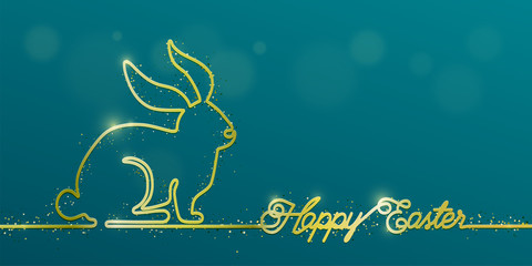 Happy Easter banner background in simple gold one line style with shine bunny, greeting text, glitter particles and copy space in right side. Minimal holiday concept for vector illustration