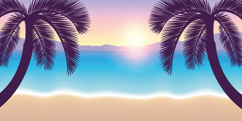 Fototapeta na wymiar summer vacation paradise beach with palms at sunset vector illustration EPS10