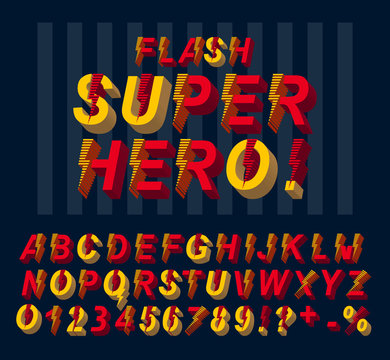 Super Hero Flash Font. 3D Alphabet Letters And Numbers In A Comics Style.