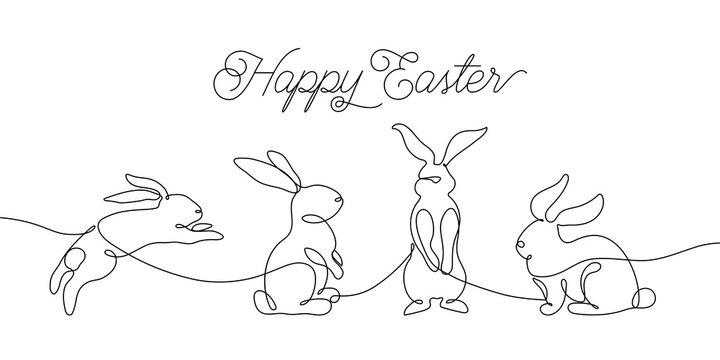 Easter bunny greeting card in simple one line style. Rabbit icon. Black and white minimal concept vector illustration