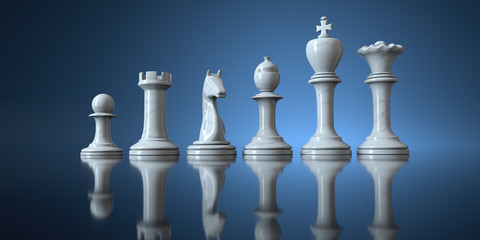 White Marble Chess Pieces Blue Background