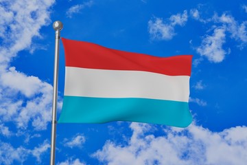 Fototapeta na wymiar Luxembourg national flag waving isolated in the blue cloudy sky