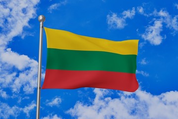 Fototapeta na wymiar Lithuania national flag waving isolated in the blue cloudy sky