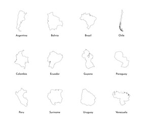 Vector illustration set with simplified maps of all South America states (countries: Argentina, Brazil, Chile, Ecuador, Peru and others). Black line silhouettes, white background. Alphabet order