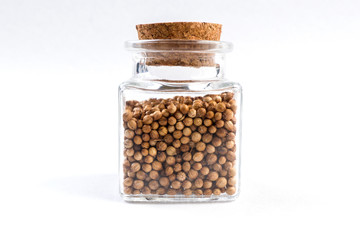 coriander seeds in a glass jar isolated on white background
