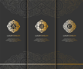 Fototapeta na wymiar Vector set of emblem. Elegant, classic elements. Can be used for jewelry, beauty and fashion industry. Great for logo, monogram, invitation, flyer, menu, brochure, background, or any desired idea.