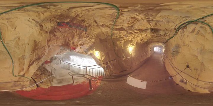 360 VR video. Inner view of Rosh HaNikra grottoes with rough water stream. Cavernous tunnels on the border between Israel and Lebanon