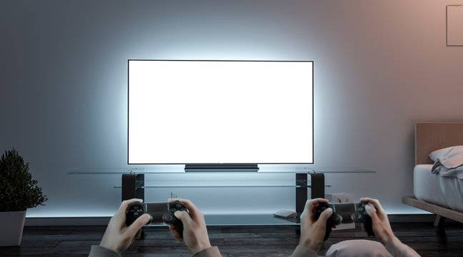 Playing videogame with joystick near blank white tv screen mockup, 3d rendering. Empty lcd monitor and two person holding controller mock up, front view. Play gaming on widescreen in room template.
