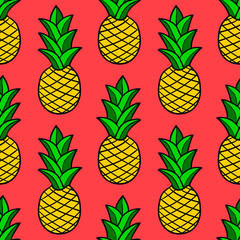 Cartoon doodle pineapple seamless pattern. Hand drawn fruit background. Vector illustration. 