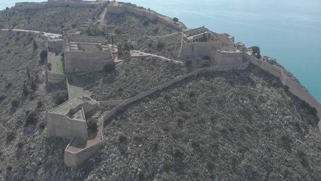 Panning from left to right and clockwise from the side of the Palamidi Castle in Nafplio Greece. Showing the sea in the background and part of the city in the end. Sunny day. Flat profile but also ava