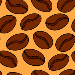 Seamless pattern with cartoon doodle linear coffee beans isolated on white background. Vector illustration. 