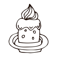 Cartoon doodle linear cake with cream rose isolated on white background. Vector illustration. 