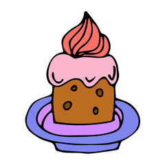 Cartoon doodle linear cake with cream rose isolated on white background. Vector illustration. 