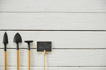 top view of spades, rake and empty board on white table