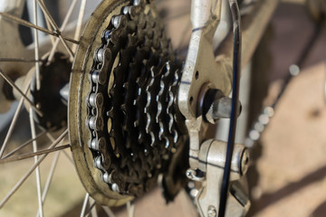 Old bicycle chain and spokes in closeup
