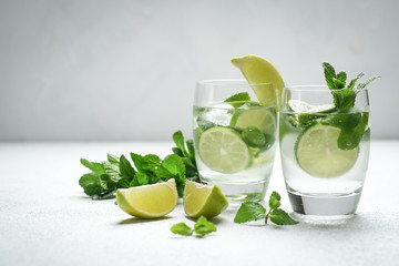 Mojito cocktail with mint and lime on a light background Copy space.