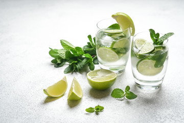 Mojito cocktail with mint and lime on a light background Copy space.