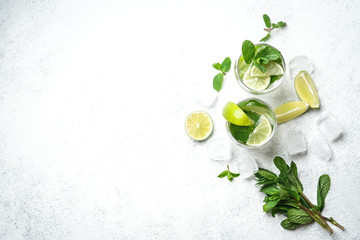 Mojito cocktail with mint and lime on a light background Copy space top view.