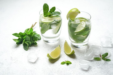 Mojito cocktail with mint and lime on a light background Copy space.