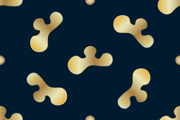 Abstract geometric gold metal glittering seamless pattern with different geometric shapes on dark deep blue background. Liquid fluid lava lamp style. Vector EPS 10 illustration.