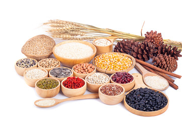Cereal grains , seeds, beans on wooden background