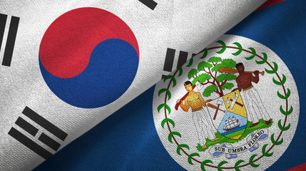 South Korea and Belize two flags textile cloth, fabric texture