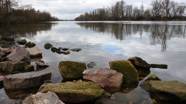 steiniges Mainufer N&auml;he Raunheim an einem grauen Tag