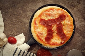 Pi day pepperoni Pizza overhead view
