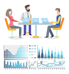 Graphics and flowcharts, business growth and teamwork vector. Woman and men at round table with laptops, income increase brainstorming, charts and diagrams