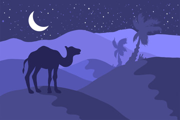 Desert landscape with camel silhouette flat illustration