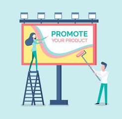 People painting advertisement on billboard vector. Man and woman standing on ladder and using tools, placement of adverts, advertising and promotion