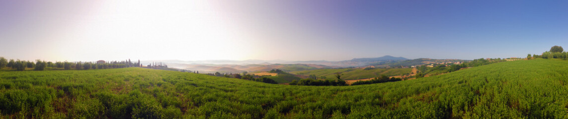 AERIAL VIEW OF BEAUTIFUL LONELY VILLA IN SAN QUIRICO d'ORCIA, TUSCANY, ITALY, EUROPE, NEAR PIENZA. SUNRISE. PANORAMA.