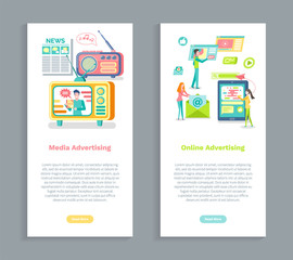 Media advertisement vector, online advertising. Radio with broadcasting news, email and mobile phone, billboard and monitors of gadgets with info set