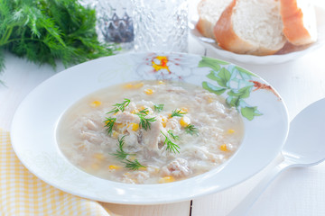 Corn and chicken soup, selective focus