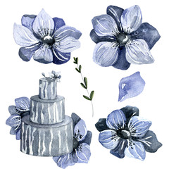 Watercolor set of blue elements - wedding cake and flowers